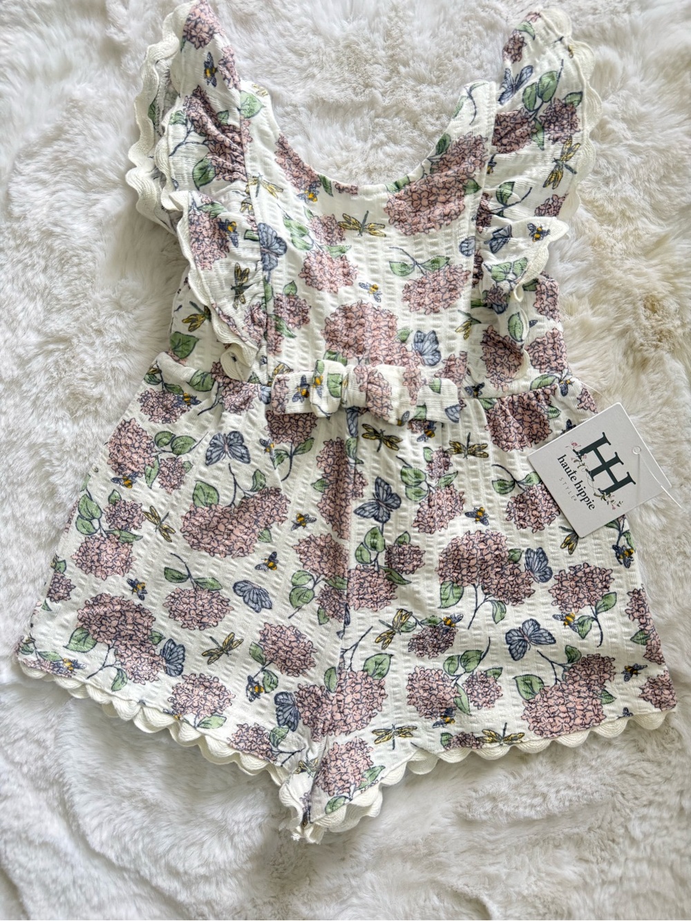 NWT Haute Hippie Smocked Floral Ruffle Romper with Dusty Pink Hydrangea Print